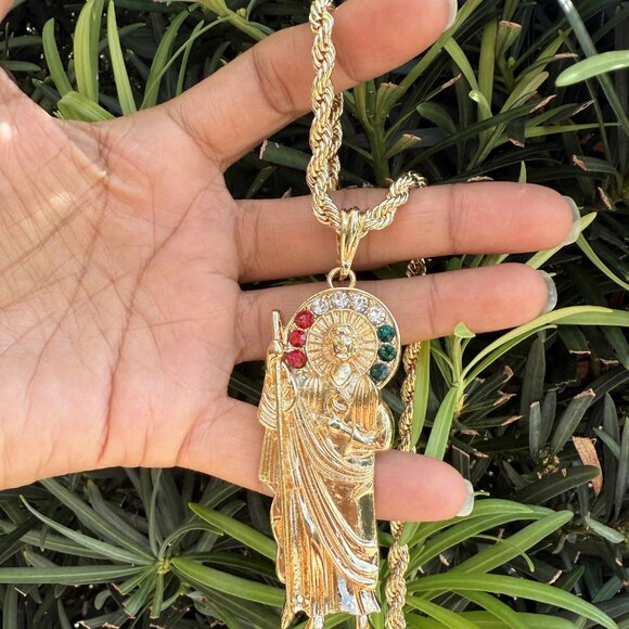 St Jude Thaddeus Pendant Necklace 14K Gold Plated Religious Rope Torch 20x4mm - Picture 3 of 6